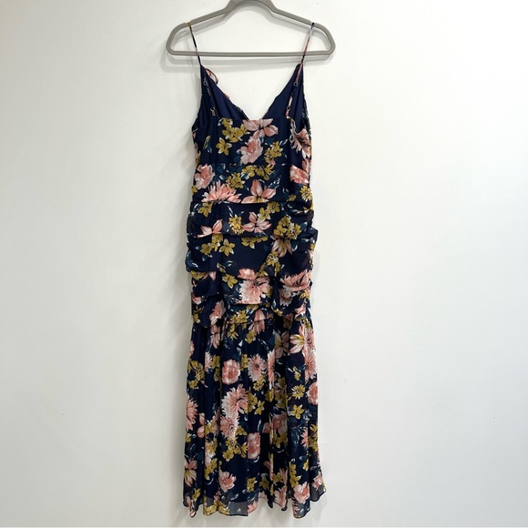 Lulus Stunning Soiree Navy Blue Floral Print Ruched Midi Dress Ruffles Medium - Picture 6 of 16